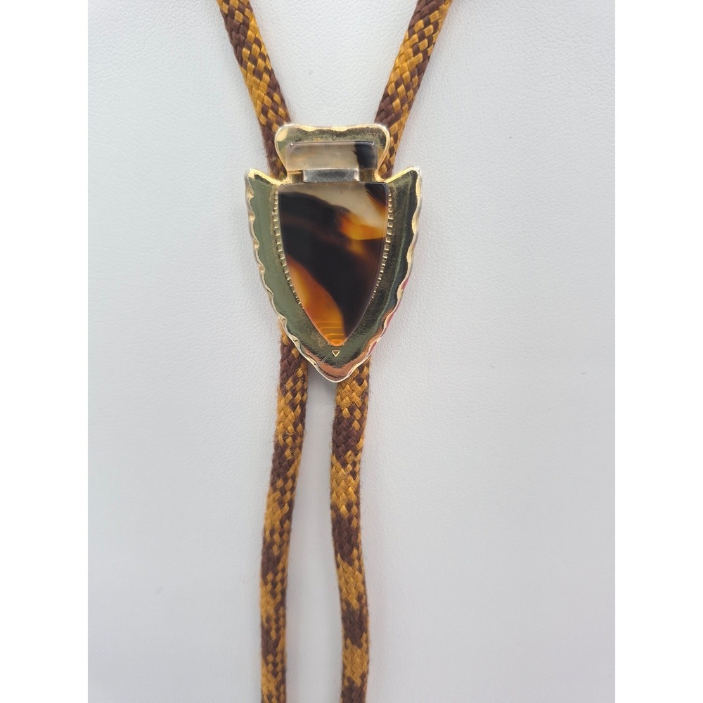 Vintage Arrowhead Bolo Tie Brown Gold Faux Agate Western Cowboy Neckwear